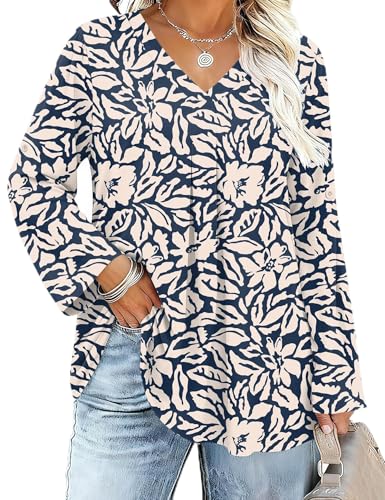 Damen Plus Size Bluse 3/4 Langerm V-Ausschnitt Lässig Tops Locker Tunika Große Größen Shirt Elegant Oberteil (Marineblaue Aprikosenblüte,4XL) von IECCP