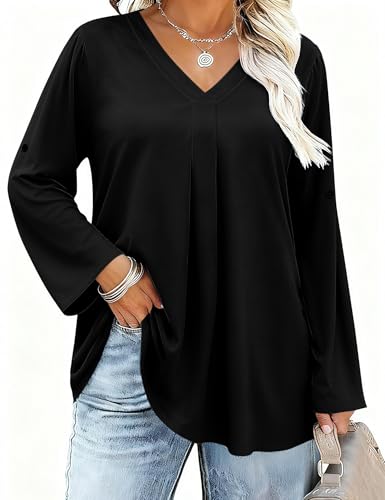 Damen Plus Size Bluse 3/4 Langerm V-Ausschnitt Sommer Tops Locker Tunika Große Größen Shirt Elegant Oberteil (Schwarz,4XL) von IECCP