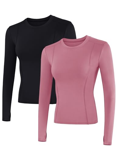 IECCP Langarmshirt Damen Sport Oberteile Damen Sportshirt Laufshirt Longsleeve Shirts mit Daumenloch für Workout Fitness Yoga Gym 2er Pack Schwarz und Grau Rose XL von IECCP