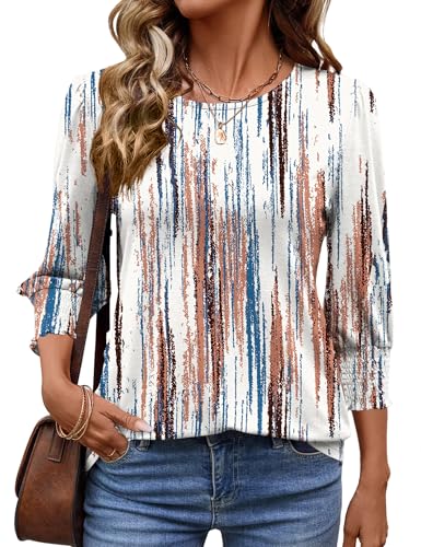 IECCP Bluse Damen 3/4 Ärm Langerm Runder Ausschnitt Tunika Basic Sommer Tops Locker Shirt Elegant Lässig Oberteil 2025 (Tie-Dye Streifen,M) von IECCP