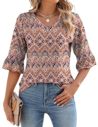 IECCP Bluse Damen 3/4 Ärmel V-Ausschnitt Tunika Sommer Tops Langerm Shirt Langshirt Elegant Lässig Oberteil 2025 Bluse Blumen Boho L von IECCP