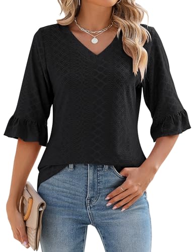 IECCP Bluse Damen 3/4 Ärmel V-Ausschnitt Tunika Sommer Tops Langerm Shirt Langshirt Elegant Lässig Oberteil Bluse Sommerbluse Schwarz L von IECCP