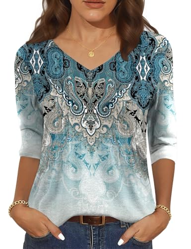 IECCP Bluse Damen 3/4 Arm V-Ausschnitt Shirt Blumen Falten Tunika Tops Sommer Elegant Oberteile Locker Lässig Hemd 2025(Cyanfarbener Ethno Druck,L) von IECCP