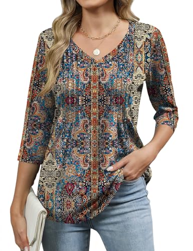 IECCP Bluse Damen 3/4 Arm V-Ausschnitt Shirt Blumen Falten Tunika Tops Sommer Elegant Oberteile Locker Lässig Hemd 2025(Retro Ethno Druck,XXL) von IECCP