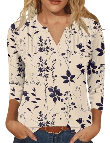 IECCP Bluse Damen 3/4 Armel V-Ausschnitt Oberteile Elegant T-Shirt Locker Langarm Blusenshirt (Aprikose Schwarz Floral S) von IECCP