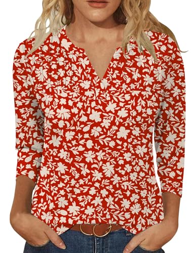 IECCP Bluse Damen Elegant Oberteil mit 3/4 Ärmel T Shirt V-Ausschnitt Sommer Blusenshirt Langarm Tops (Aprikose Rot Floral M) von IECCP