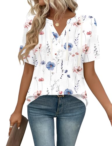 IECCP Bluse Damen Kurzarm Oberteile Top Lässig Tunika Sommer Basic Top T-Shirt Knöpfe Plissiert Oberteile Große Größen Blumen Weiß 3XL von IECCP