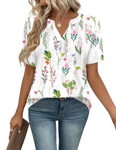 IECCP Bluse Damen Kurzarm Oberteile Top Lässig Tunika Sommer Basic Top T-Shirt Plissiert Oberteile Große Größen Weißes Blumenmuster XXL von IECCP