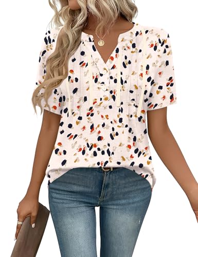 IECCP Bluse Damen Kurzarm Oberteile Top Lässig Tunika Sommer Knöpfe Basic Top T-Shirt Plissiert Oberteile Große Größen Aprikosen Leopard XXL von IECCP