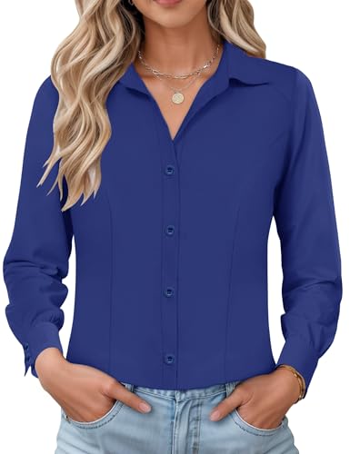 IECCP Bluse Damen Langarm Slim Fit Hemd Baumwolle Business Casual Button-Down Kragen Formell Knitterfrei Stretch Hemden Elegant Freizeit Arbeitsbluse 2025(Marineblau,S) von IECCP