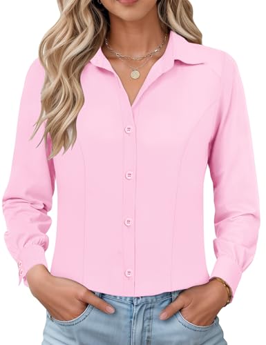 IECCP Bluse Damen Langarm Slim Fit Hemd Baumwolle Business Casual Button-Down Kragen Formell Knitterfrei Stretch Hemden Elegant Freizeit Arbeitsbluse 2025(Rosa,M) von IECCP