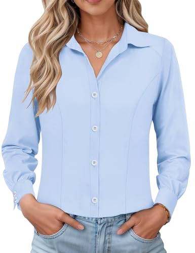 IECCP Bluse Damen Langarm Slim Fit Hemd Baumwolle Casual Business Button-Down Shirts Formelle Knitterfrei Hemden Work Stretch Leisure Elegant Frauen Tops 2025(Blau,M) von IECCP