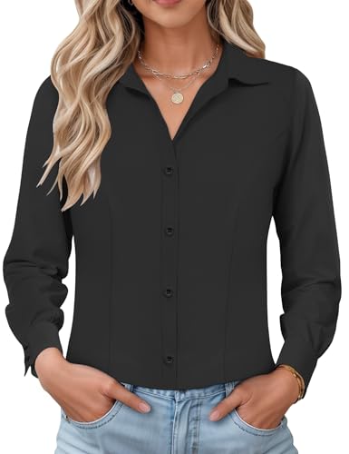 IECCP Bluse Damen Langarm Slim Fit Hemd Baumwolle Casual Business Button-Down Shirts Formelle Knitterfrei Hemden Work Stretch Leisure Elegant Frauen Tops 2025(Schwarz,XXL) von IECCP
