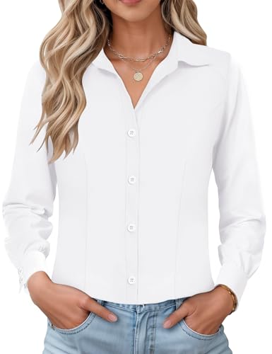 IECCP Bluse Damen Langarm Slim Fit Hemd Baumwolle Casual Business Button-Down Shirts Formelle Knitterfrei Hemden Work Stretch Leisure Elegant Frauen Tops 2025(Weiß,XXL) von IECCP
