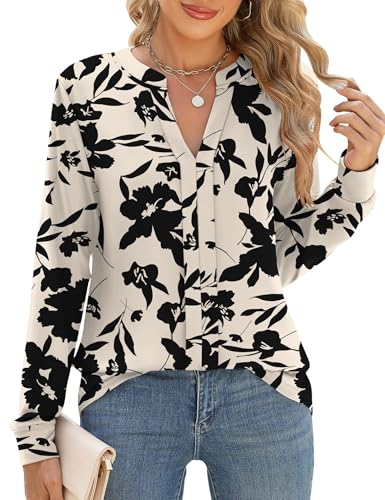 IECCP Langarmshirt Damen Elegant V-Ausschnitt Bluse Oberteile Herbst Lockere Longshirt Blusen Basic Hemd Tops Kleidung Apricot Blumen XL von IECCP