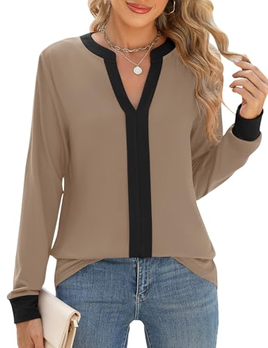 IECCP Bluse Damen Blusen V-Ausschnitt Basic Langarmshirt Casual Business Outfit Herbst Oberteil Elegant Kleidung Schwarz_Khaki M von IECCP