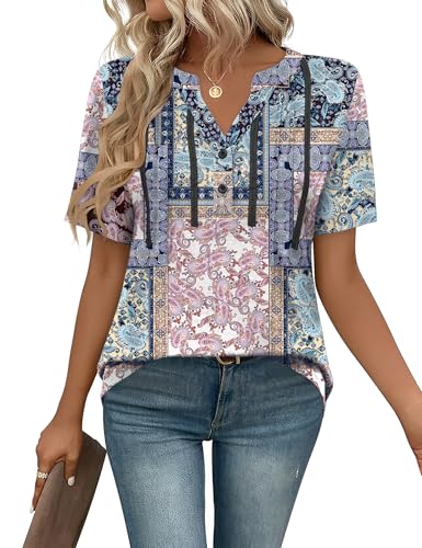 IECCP Bluse Damen Tshirt Elegant Tunika Kurzarm T-Shirt Sommer Oberteile Blusen & Tuniken Lässig Sommerbluse Große Größen Boho XXL von IECCP