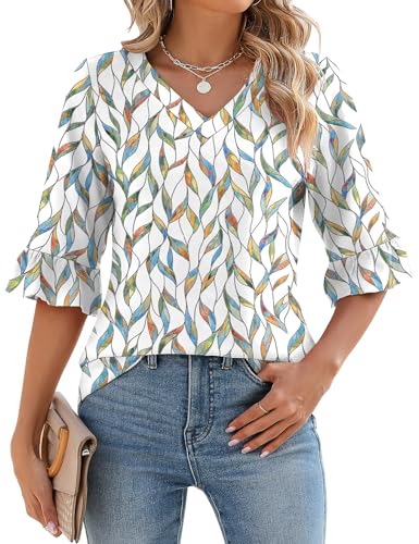 IECCP Bluse Damen Tunika Kurzarm Sommer Blumen Tops Elegant Oberteil T-Shirt Lässig Tuniken Leicht Sommerbluse Long Hemd Weiße Bunte Blätter M von IECCP