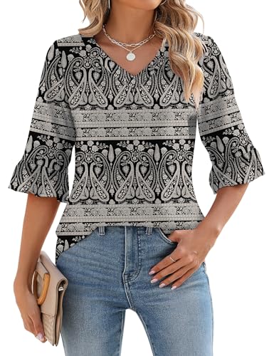 IECCP Bluse Tunika Damen Sommer Blumen Kurzarm Tops Elegant T-Shirt Lässig Tuniken Leicht Sommerbluse Long Hemd Schwarz Boho S von IECCP