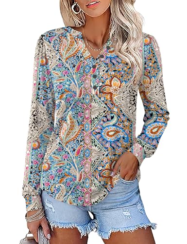 IECCP Blusen Für Damen, Lässige Langarm-T-Shirts Mit V-Ausschnitt, Blumenmuster, Herbstoberteile (XL Retro-Ethno-Print) von IECCP
