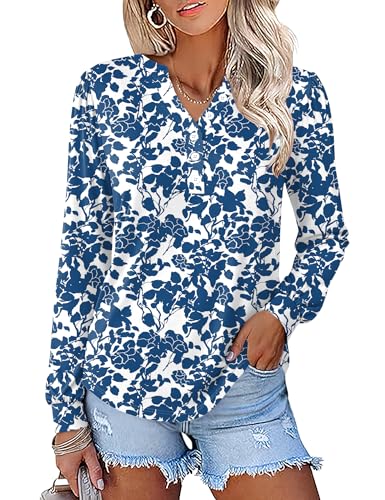 IECCP Blusen Für Damen: Elegante, Lässige Langarm-Hemden Mit V-Ausschnitt Und Blumenmuster Für Den Herbst (M Blaue Blumen auf weißem Hintergrund) von IECCP