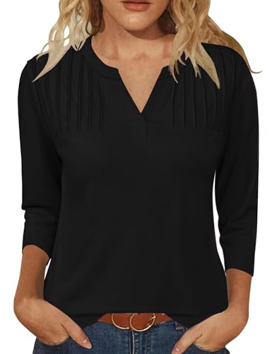 IECCP Damen 3/4 Ärmel Top V-Ausschnitt Bluse Elegant Blusenshirt Sommer Locker Shirt Lässig Tunika Business Outfit Schwarz L von IECCP