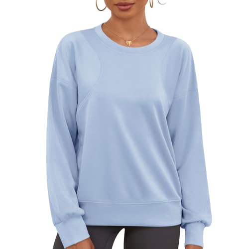 IECCP Damen Basic Sweatshirts ohne Kapuze uniform Pullover Oversize Langarm Rundhalsausschnitt Sweatshirt Herbst Frauen Locker Oberteile Blau M von IECCP