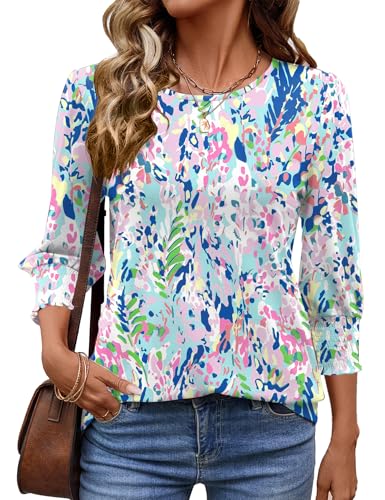 IECCP Damen Bluse 3/4 Ärm Langerm Runder Ausschnitt Tunika Sommer Tops Sommerbluse Shirt Elegant Lässig Oberteil 2025 (Blumen Blau, L) von IECCP