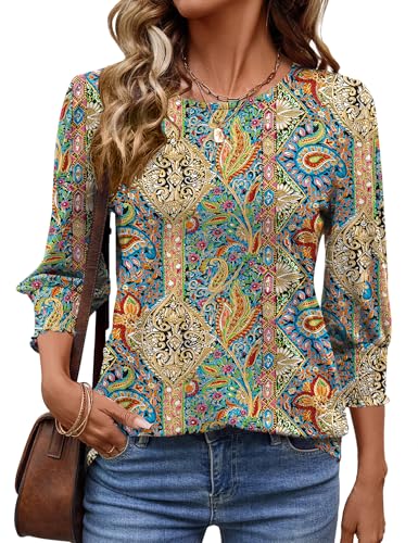 IECCP Damen Bluse 3/4 Ärm Langerm Runder Ausschnitt Tunika Sommer Tops Sommerbluse Shirt Elegant Lässig Oberteil 2025 (Boho-Blau,L) von IECCP