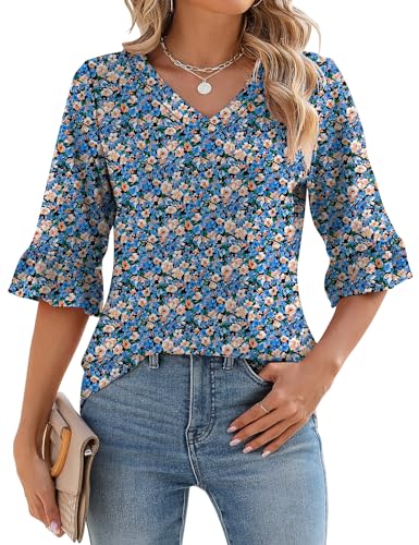 IECCP Damen Bluse 3/4 Ärmel V-Ausschnitt Tunika Sommer Tops Langerm Shirt Langshirt Elegant Lässig Oberteil 2025 Bluse Blumen Blau M von IECCP