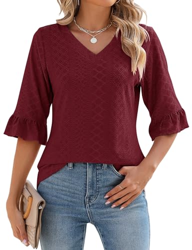IECCP Damen Bluse 3/4 Ärmel V-Ausschnitt Tunika Sommer Tops Langerm Shirt Langshirt Elegant Lässig Oberteil Bluse Sommerbluse Burgunderrot M von IECCP