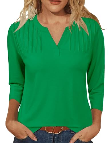 IECCP Damen Bluse Elegant V-Ausschnitt 3/4 Armel Hemdbluse Business Casual Oberteile Basic Shirts Hemd Grün M von IECCP