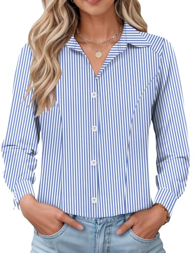 IECCP Damen Bluse Langarm Slim Fit Hemd Baumwolle Basic Business Streifenbluse mit Knopleiste Elegant Hemden Formelle Knitterfrei Office Leisure Frauen Shirts 2025(Blau Streifen,XL) von IECCP