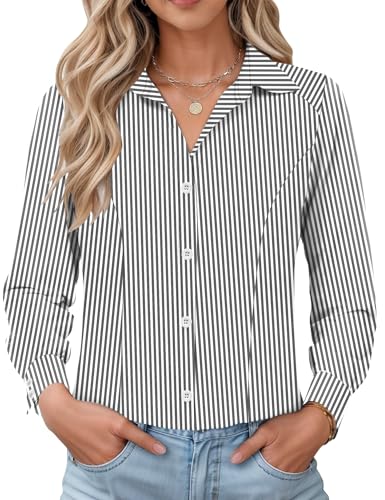 IECCP Damen Bluse Langarm Slim Fit Hemd Baumwolle Basic Business Streifenbluse mit Knopleiste Elegant Hemden Formelle Knitterfrei Office Leisure Frauen Shirts 2025(Schwarz Streifen,XL) von IECCP