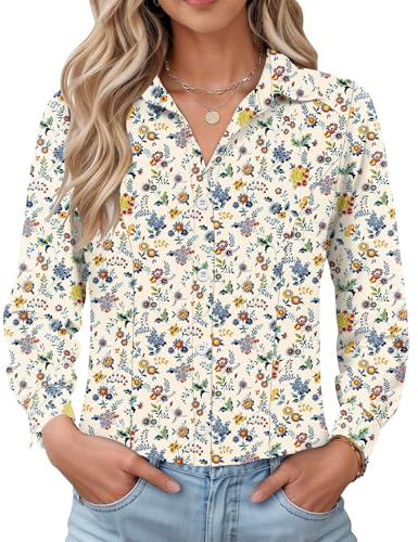IECCP Damen Bluse Langarm Slim Fit Hemd Casual Business Shirts mit Knopleiste Elegant Bedrucktes Blusentop Knitterfrei Work Leisure Frauen Oberteil 2025(Aprikosenfarbene Blüten,L) von IECCP