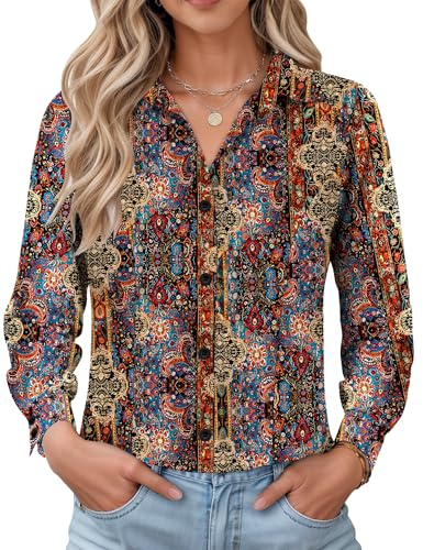 IECCP Damen Bluse Langarm Slim Fit Hemd Casual Business Shirts mit Knopleiste Elegant Bedrucktes Blusentop Knitterfrei Work Leisure Frauen Oberteil 2025(Böhmen,L) von IECCP