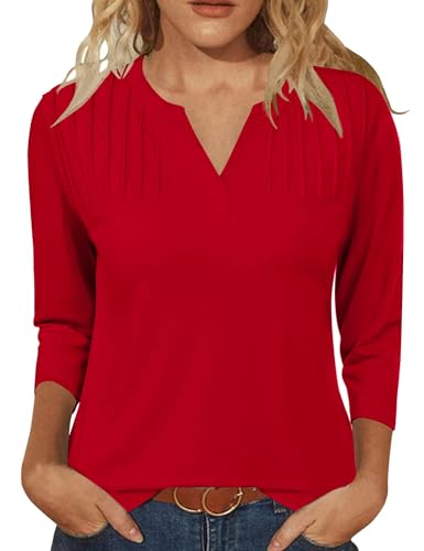 IECCP Damen Bluse V Ausschnitt Tops 3/4 Ärmel Oberteile Elegant Hemd Casual Business Blusenshirt Locker Shirt Lässig Tunika Rot L von IECCP