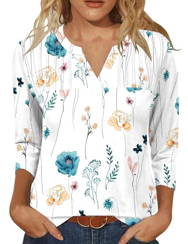 IECCP Damen Bluse mit 3/4 Ärmel V-Ausschnitt Oberteile Elegant Langarm Blusen Tops Casual Tunika (Weiß mit blauem Floral XXL) von IECCP