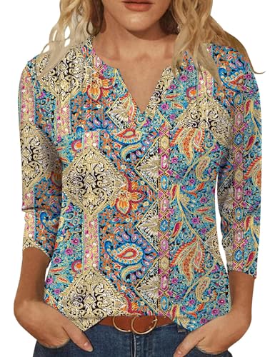 IECCP Damen Boho Bluse 3/4 Ärmel Oberteil Elegant Tuniken Blusenshirt Casual T-Shirt Blumen Strand Top Shirt (Boho M) von IECCP