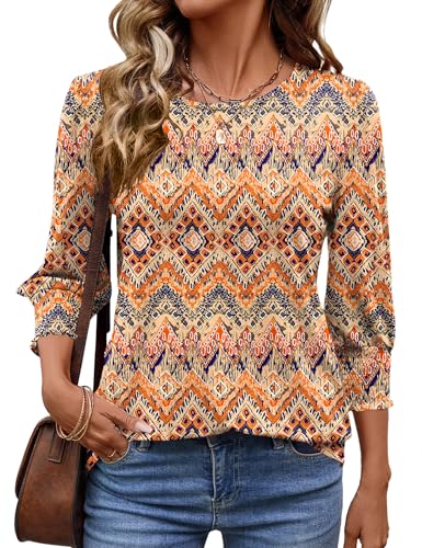 IECCP Damen Elegant Bluse 3/4 Ärmel Langerm Tunika Sommer Top Rundhalsausschnitt Lässig Locker Tuniken Oberteil 2025 (Boho,XXL) von IECCP