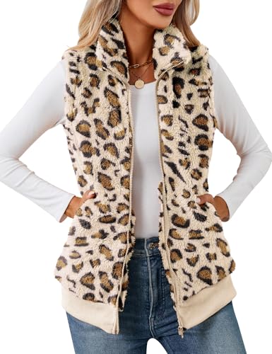 IECCP Damen Fleece Weste Jacke Standkragen Ultraleicht Outdoor Westen Tops mit Taschen Reißverschluss Gilets Damenweste(Apricot Leopard,S) von IECCP
