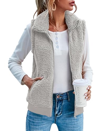 IECCP Damen Fleece Weste Jacke Standkragen Ultraleicht Outdoor Westen Tops mit Taschen Reißverschluss Gilets Damenweste(Helles Grau,M) von IECCP