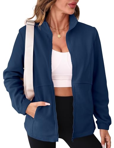 IECCP Damen Fleecejacke mit Durchgehendem Reißverschluss Warme Übergangs Outdoor Fleecejacke für Wandern und Freizeit, Marineblau, L von IECCP