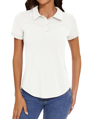 IECCP Damen Golf Poloshirts Kurzarm Polohemd Schnelltrocknend Tennis Sport Shirts Leicht Atmungsaktiv Tops Workout Sommershirts 2025 mit 3-Knopfleiste(Weiß,L) von IECCP
