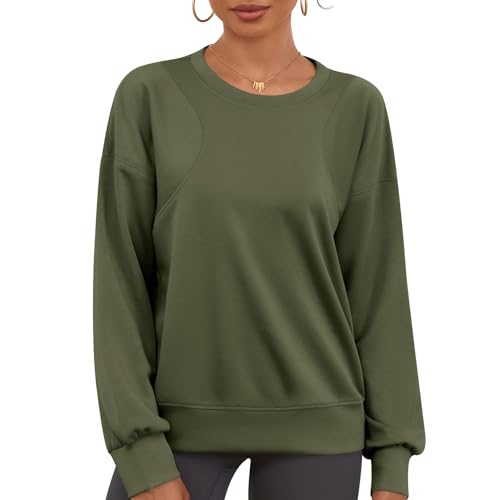 IECCP Damen Graphic Standard Crewneck Sweatshirt Longshirt Damen Sport Locker Casual Oberteil Stretchy Leichte Sweatshirts Basic Bequem Oberteil Langärmelig Armeegrün S von IECCP