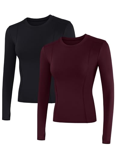 IECCP Damen Gym Tops Langarm Yoga Running T-Shirt Sport Tops Damen Leicht Workout Fitness Tshirt mit Daumenlöchern Schwarz und Wine Rose 2er Pack XS von IECCP