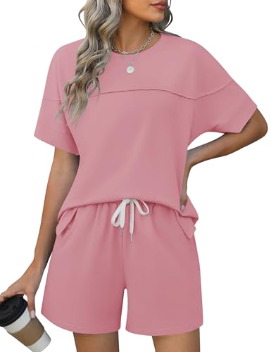 IECCP Damen Jogginganzug Zweiteiler Trainingsanzug Set Sommer Tracksuit Loungewear Outfit Kurzarm Rundhals Top Shorts mit Elastischem Kordelzug Rosa M von IECCP