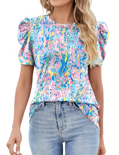 IECCP Damen Kurzärmliges T-Shirt mit Puffärmeln und Rundhalsausschnitt in klassischer Passform（Farbdruck，XL von IECCP