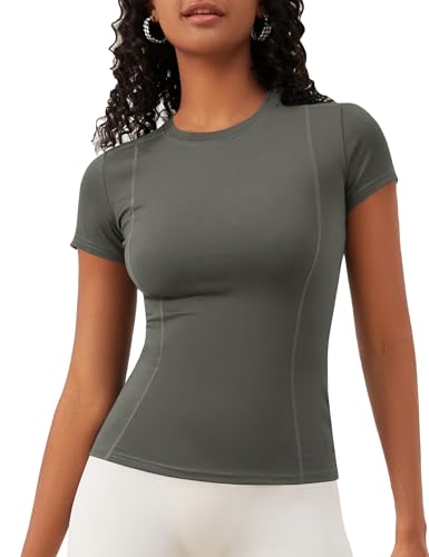 IECCP Laufshirt Damen Yoga T-Shirt Kurzarm Funktionsshirt Rundhals Tshirt Schnelltrocknend Workout Tops Oversized L Grau von IECCP