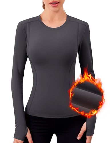 IECCP Damen Langarm Thermoshirt mit funktionalen Daumenlöchern Active Warm Langarmshirt Thermoshirt Damen Thermo Unterhemd für Frauen Winter Running Laufshirt Grau L von IECCP